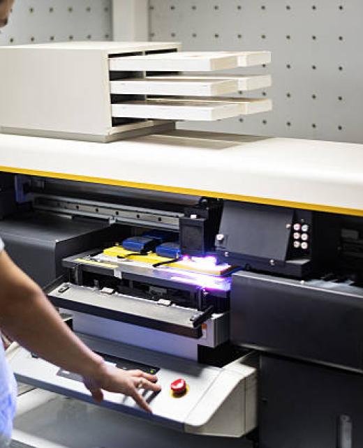 Man is standing inside the printing factory and operating on industrial printer during working hours.